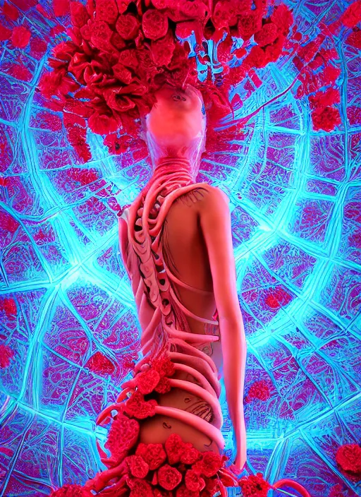 Image similar to hyper detailed 3d render like a sculpture - profile subsurface scattering (a beautiful fae princess protective playful expressive from that looks like a borg queen wearing a sundress made of flowers) seen red carpet photoshoot in UVIVF posing in caustic light pattern pool of water to Eat bite of the Strangling network of yellowcake aerochrome and milky Fruit and His delicate Hands hold of gossamer polyp blossoms bring iridescent fungal flowers whose spores black the foolish stars by Jacek Yerka, Ilya Kuvshinov, Mariusz Lewandowski, Houdini algorithmic generative render, golen ratio, Abstract brush strokes, Masterpiece, Victor Nizovtsev and James Gilleard, Zdzislaw Beksinski, Tom Whalen, Mark Ryden, Wolfgang Lettl, hints of Yayoi Kasuma and Dr. Seuss, Grant Wood, octane render, 8k, maxwell render, siggraph