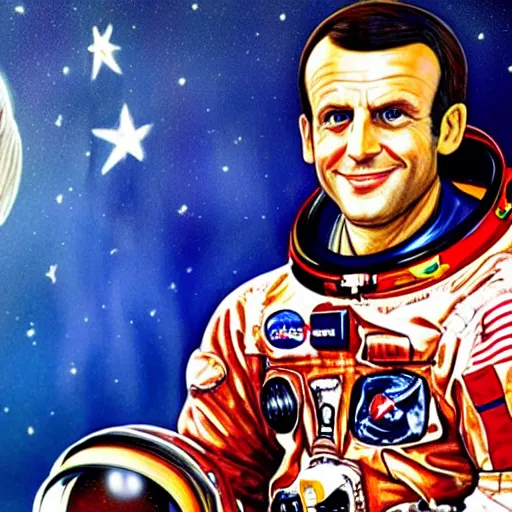 Prompt: emmanuel Macron, the French president in Apollo 11, hyper realistic multiple details, shimmering light