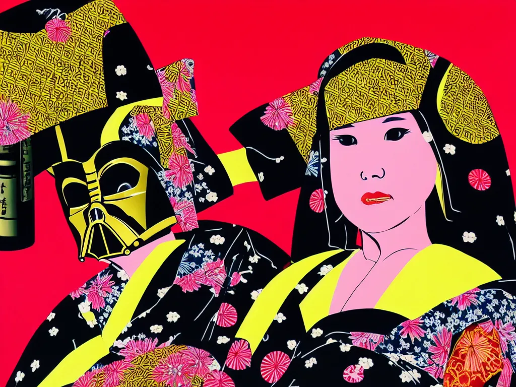 Prompt: hyperrealistic composition of the detailed woman in a japanese kimono sitting at a extremely detailed black jack table with golden darth vader, fireworks, mountain fuji on the background, pop - art style, jacky tsai style, andy warhol style, acrylic on canvas