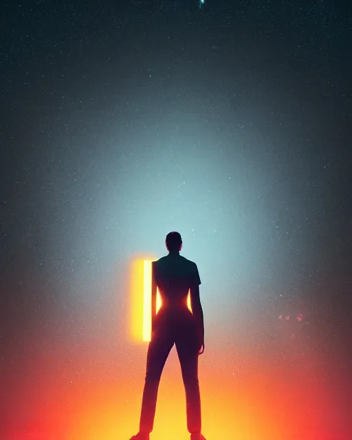 Image similar to a person standing in front of a glowy open door that's on a barren moon, poster art by mike winkelmann, trending on cg society, space art, sci - fi, ue 5, futuristic, volumetric lighting, light casting onto the ground, neat composition and camera angle