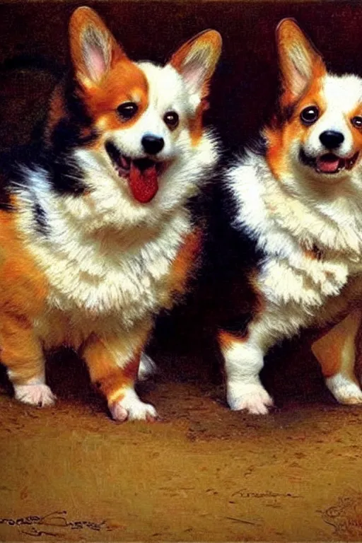 Prompt: adorable corgi puppies, painting by gaston bussiere, craig mullins