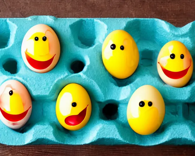 Image similar to eggs with happy faces on them. they have arms and legs made of twigs. yolk is pouring out of their snout. they had a hearty laugh. boogers are coming out of their noise.