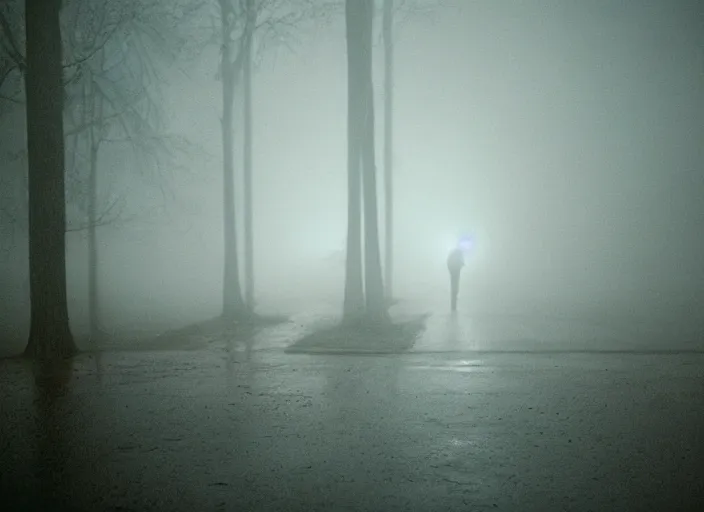 Image similar to kodak portra 4 0 0, photographic of a sad boys in the style of gregory crewdson, hig detail, night, fog, rain