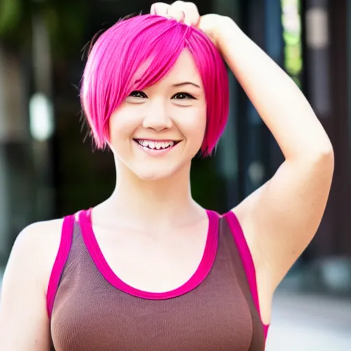 Image similar to anime woman with short pink hair in a bob style, light brown eyes, blue tank top, black pants, waving and smiling