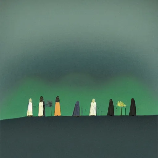 Image similar to blue green by kate beaton, by helene schjerfbeck random. a installation art of a coffin being carried by six men through an ethereal, otherworldly landscape. the men are all wearing hooded cloaks. the landscape is eerie & foreboding, with jagged rocks & eerie, glowing plants.