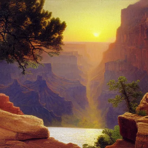 Prompt: a beautiful ultra - detailed realistic oil painting of the grand canyon by albert bierstadt, emanuel leutze, and george caleb bingham. wallpaper 4 k. sunset. no people