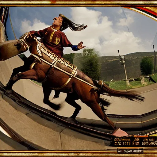 Image similar to roman horsedrawn chariot racer jumping high on half pipe, fish eye, tony hawk, video game