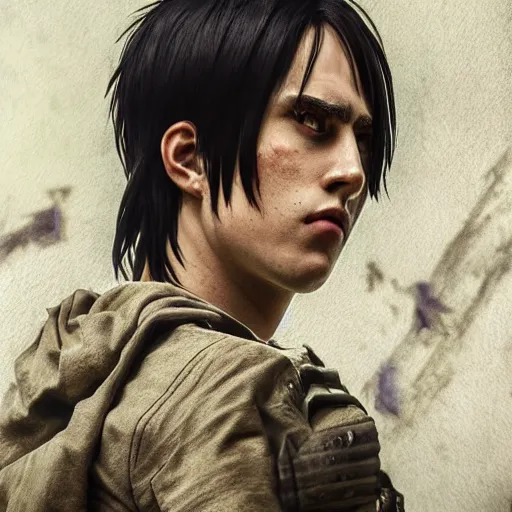 Image similar to photorealistic portrait photograph of real - life eren yeager looking at the camera, shingeki no kyojin, depth of field, soft focus, highly detailed, intricate, realistic, national geographic cover, soft glow, textured skin