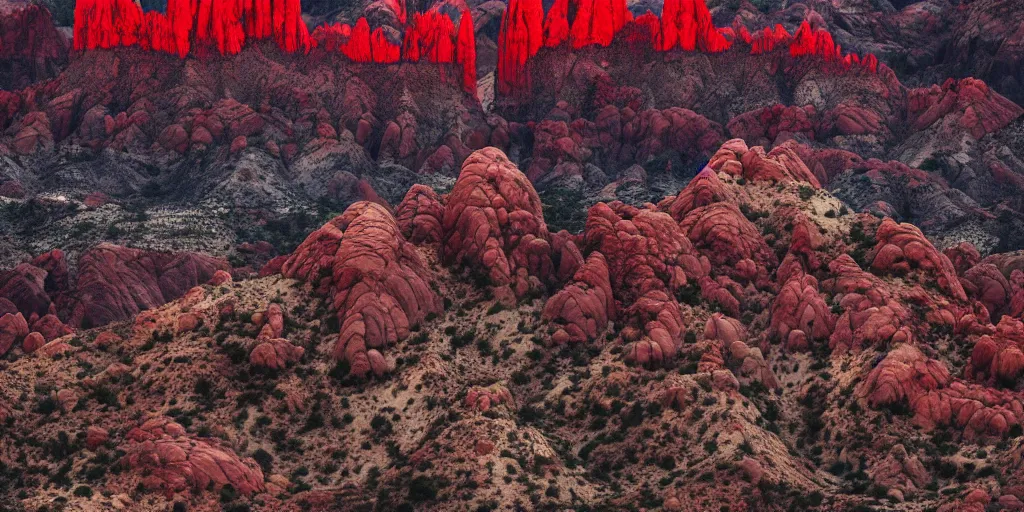 Prompt: dramatic still of a dark gothic cathedral, rendered by pixar, vultures, gothic architecture, top of a red rock canyon, red rock strata, aerial view, atmospheric, stormy, dramatic skies, moody, dark, cinematic, volumetric lighting, 8K