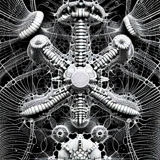 Image similar to a black and white drawing of a variety of sea life and filled with gundam mech equipment space station, a microscopic photo by ernst haeckel, zbrush central, kinetic pointillism, bioluminescence, intricate patterns, photoillustration