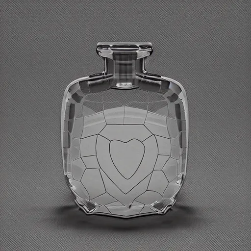 Prompt: transparent ancient boar flask with heart, raytracing, orthographic 3d rendering, octane render