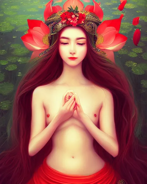 Image similar to the goddess of summer, with lotus on her head, red skirt, half - length head portrait, dreamy, beautiful, by wlop