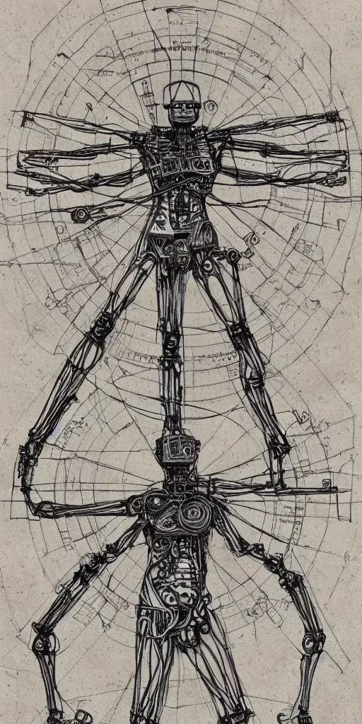 Prompt: full body of steampunk robot anatomy sketch by Leonardo da Vinci, the vitruvian man style, highly detailed pencil drawing, old sketch, iphone wallpaper