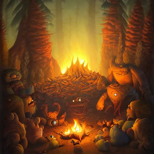 Image similar to monsters around a campfire by justin gerard, deviantart