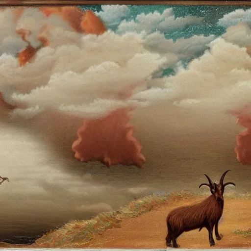 Prompt: highly detailed goat with a thousand horns blowing smoke on a red cliff with thunderstorm in the background