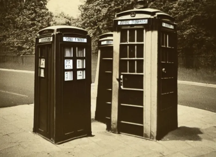 Image similar to photo of a metropolitan police box in suburban london, police box, 1930s, sepia, blurry, faded