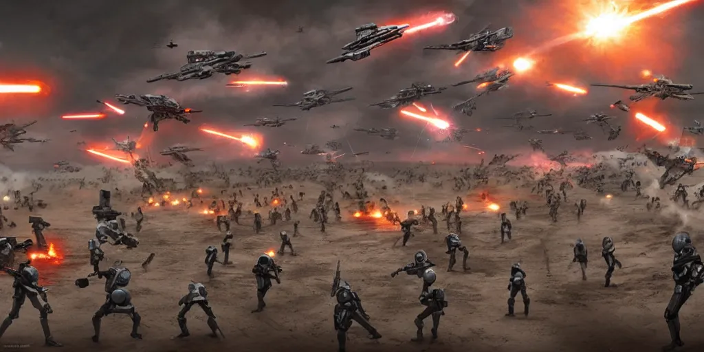 Image similar to long shot, sci - fi battlefield, star wars republic army clones versus droids army with blaster fire and explosions, digital art, art station, render, volumetric light