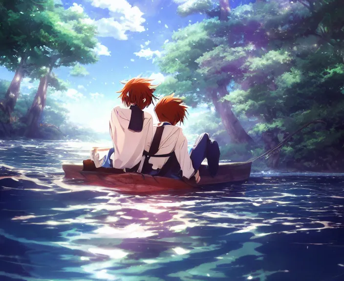 Prompt: anime key visual of a young man anime and young woman anime sitting together on one single boat. Romantic. Girl has auburn hair. Boy has short black hair. Narrow river in a forest, rocky shore, trees, shady, blue waters, ripples, waves, reflections, details, sharp focus, illustration, by Jordan Grimmer and greg rutkowski, Trending artstation, pixiv, digital art