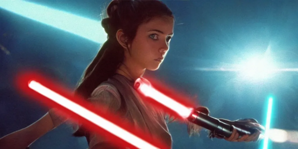 Prompt: a full color still of a teen brunette girl with her hair up holding a lightsaber with a sci-fi battle in the background, cinematic lighting, 1999, directed by Steven Spielberg, 35mm