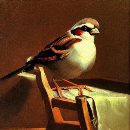 Prompt: sharp focus, artstation, an oil painting of a sparrow perched on a chair, by diego velazquez, oleo, highly detailed