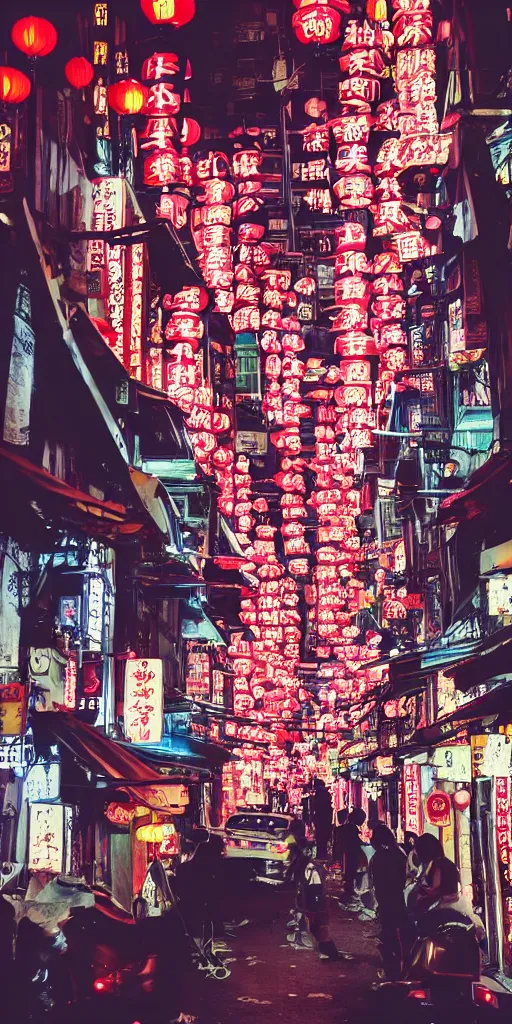 Prompt: winding asian street under moonlight, neon signs, cars, people, chinese lanterns, Canon A1
