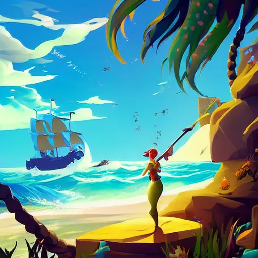 Image similar to painting mermaid treasure on sea of thieves game avatar hero smooth face median photoshop filter cutout vector, behance hd by jesper ejsing, by rhads, makoto shinkai and lois van baarle, ilya kuvshinov, rossdraws global illumination