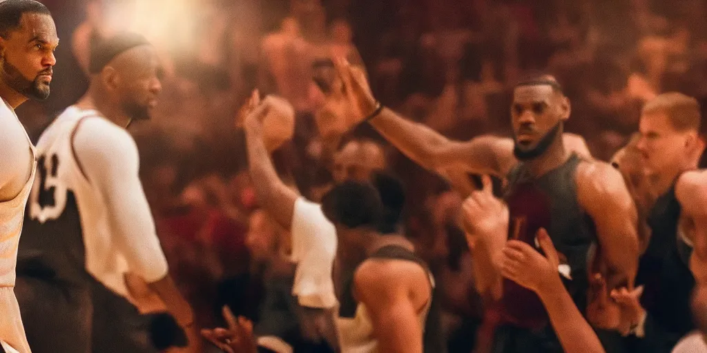 Prompt: leonardo dicaprio as lebron james in'james'( 2 0 2 4 ), movie still frame, oscar nominated cinematography, volumetric lighting, 8 k resolution, beautiful composition