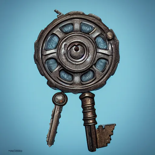 Prompt: a stylised old ice blue colorful metal key, key is on the center of image, rpg game inventory item, rim light, outer glow, on the white background, vray, stylised textures, trending on artstation