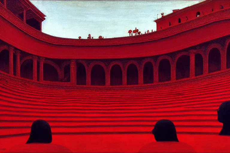 Image similar to only with red, a red great emperor, taormina amphitheatre, crowd with big smile, in the style of beksinski, parts by edward hopper, parts by rodcenko, parts by yue minjun, intricate and epic composition, red by caravaggio, insanely quality, highly detailed, masterpiece, red light, artstation, 4 k