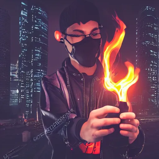 Prompt: young man with a black colored flame in his hand, facing a city Futuristic cyberpunk, hyperrealistic, high quality, multiple details
