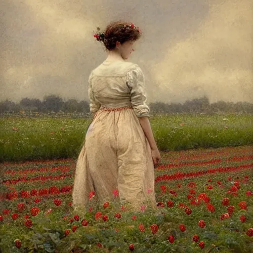 Image similar to ( ( ( ( ( woman on a strawberry field. muted colors. ) ) ) ) ) by jean - baptiste monge!!!!!!!!!!!!!!!!!!!!!!!!!!!