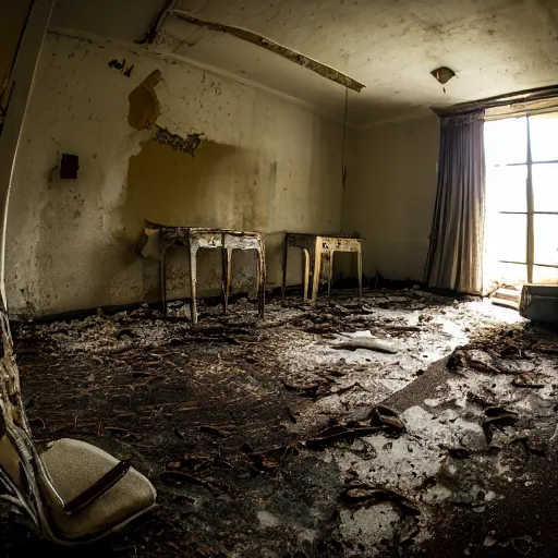 Image similar to an old hotel room, the walls are decaying, the floor has plants growing through cracks, the room is filled with tables and chairs, the tables have moldy food on them, sunlight is coming through a window, taken on a 2. 2 mm ultrawide camera.