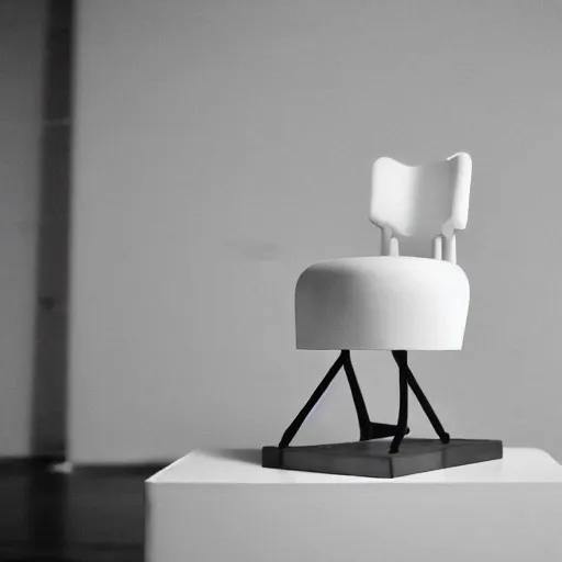 Prompt: a white object with writing on it sitting on a table, a surrealist sculpture by marcel duchamp, behance, conceptual art, artwork, academic art, surrealist