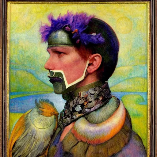 Image similar to the young robot prince with his feathered bird mask, by annie swynnerton and diego rivera and elihu vedder, symbolist, dramatic lighting, elaborate geometric ornament, head and shoulders view, art brut, soft cool colors, smooth, sharp focus, extremely detailed, adolf wolfli, donato giancola