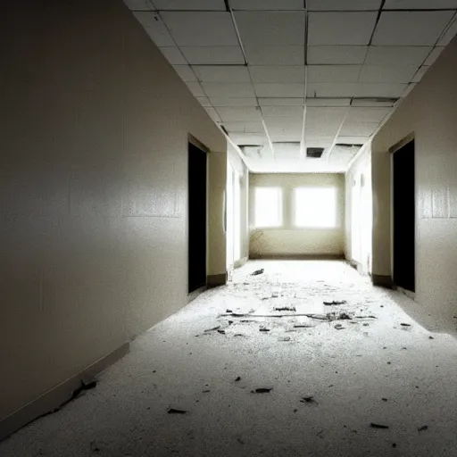 Prompt: eerie shadow hidden in plain sight, abandoned hospital, creepy, scary