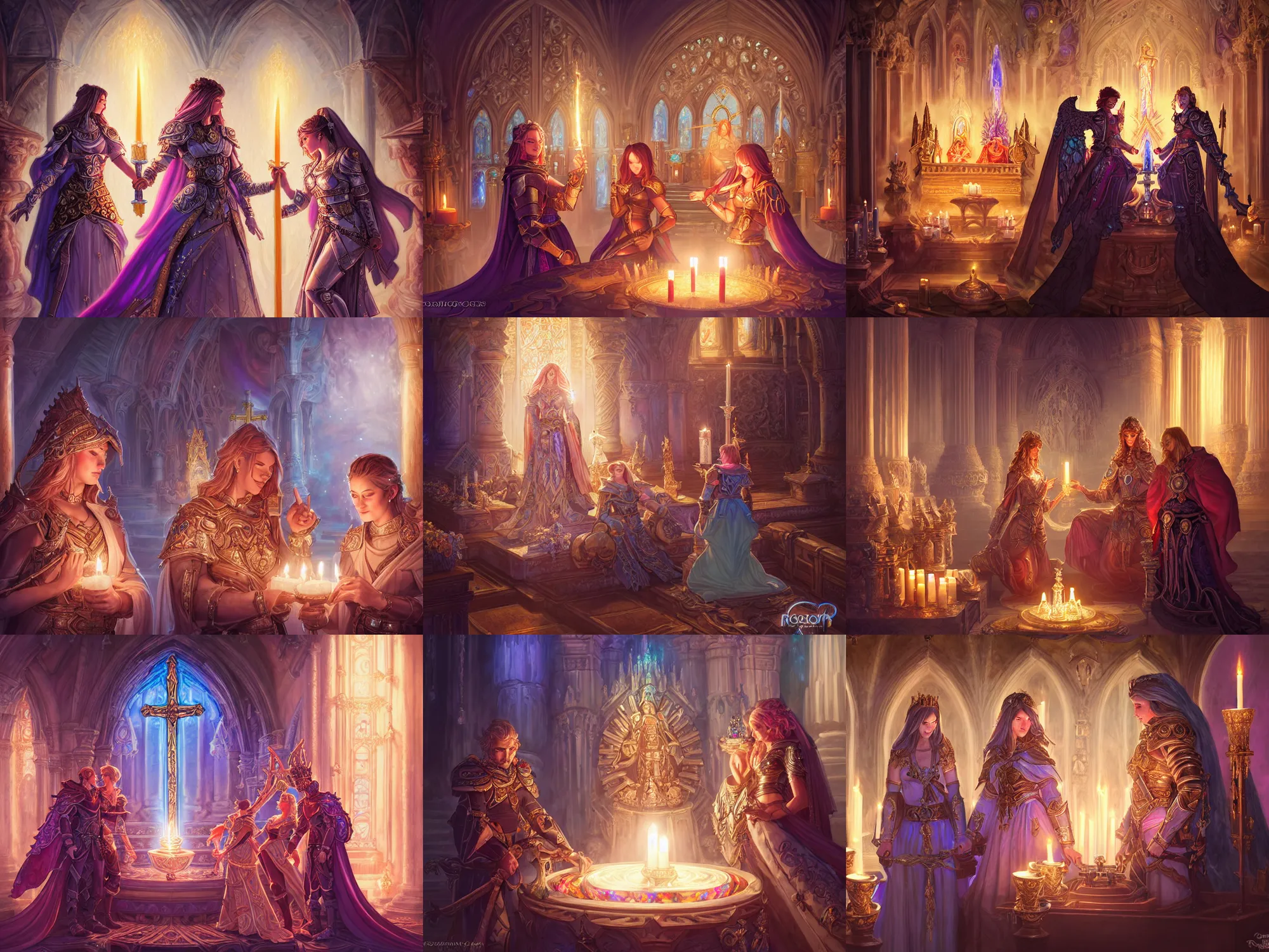 Prompt: lesbian wedding picture of cryomancer and paladin, in a highly detailed holy temple, altar, candles, beautiful memories, high fantasy, colorful, highly detailed faces, high details, ornamental, exquisite, sharp focus, chiaroscuro, dnd, digital painting, by rossdraws