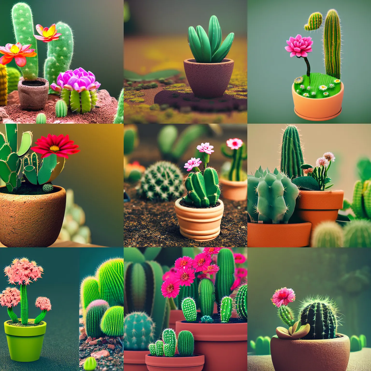 Prompt: a isometric macro photo of a beautiful flower pot with different plants, cactus and flowers, a little gnomo walking, a lot of sub surface scatering, higly detailed, octane, trending artstation, bokeh effect