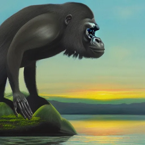 Image similar to oil painting of a gorilla standing on a small island surrounded by shallow water and trees at sunset, trending on artstation