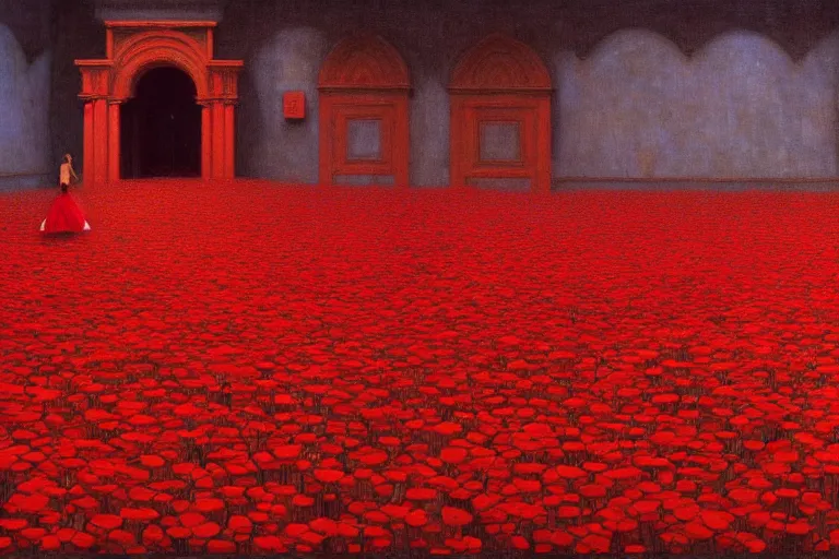 Image similar to only with red, a red expanse of flowers of different types, castle, goblins dance over the flowers in the style of beksinski, parts by edward hopper, parts by rodcenko, parts by yue minjun, intricate and epic composition, red by caravaggio, insanely quality, highly detailed, masterpiece, red light, artstation, 4 k