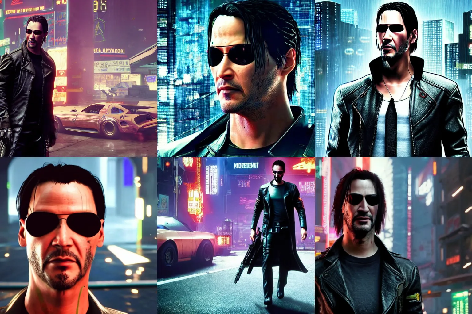 Prompt: photo of a Keanu Reaves from The Matrix film in the Cyberpunk 2077 game