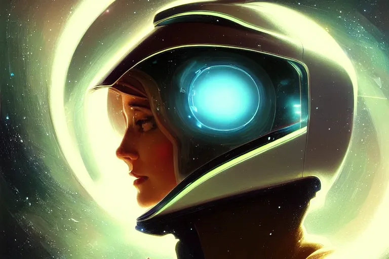 Image similar to Portrait of a Futuristic astronaut reflective visor mirror spacesuit reflecting a nebula supernova in space, portrait, elegant, intricate, digital painting, artstation, concept art, smooth, sharp focus, illustration, art by artgerm and greg rutkowski and alphonse mucha