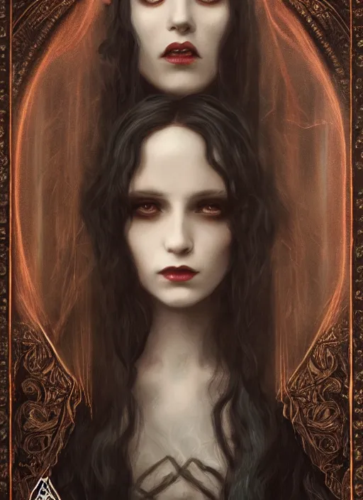 Prompt: tarot!!, pale, beautiful victorian vampire with long hair, fantasy, elegant, concept art, sharp focus, beautiful face!!, digital art, Hyper-realistic, 4K, Unreal Engine, Highly Detailed, HD, Dramatic Lighting, Beautiful, by Brom, trending on Artstation, face byTom Bagshaw, Sargent