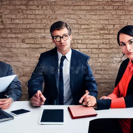 Prompt: a boring corporate office meeting with executives in suits in the pit of hell with satan as ceo corporate stock photography 4 k