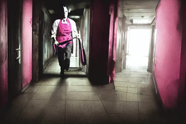 Image similar to michael keaton batman wearing pink apron wielding an axe, chasing through old brown decrepit hallway, creepy smile, atmospheric eerie lighting, photorealistic face, dim lighting, bodycam footage, motion blur, photograph