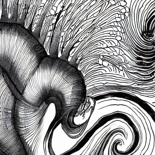 Image similar to a snail by Junji Ito, highly detailed, black and white