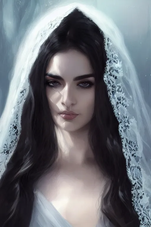 Prompt: Ameera al-Taweel, blue eyes, long wavy black hair, fierce look, white veil, closeup, focus face, elegant, highly detailed, centered, digital painting, artstation, concept art, art by WLOP