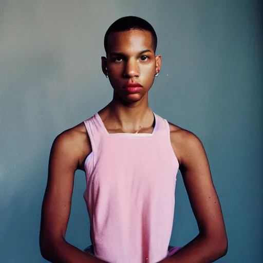Image similar to realistic! photoshoot for a new balenciaga lookbook, color film photography, portrait of a beautiful woman wearing a tank top, photo in style of tyler mitchell, 35mm lens