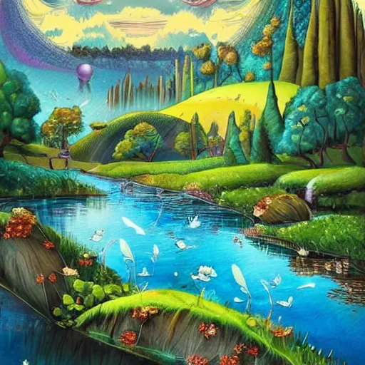 Image similar to A beautiful mixed mediart of a landscape. It is a stylized and colorful view of an idyllic, dreamlike world with rolling hills, peaceful looking animals, and a flowing river. The scene looks like it could be from another planet, or perhaps a fairy tale. by Sandra Chevrier churning, threatening