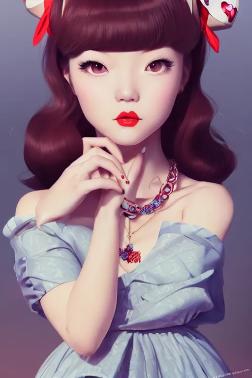 Image similar to a pin up and beautiful fashion dreamlke japan girl with lv jewelry, character art, art by artgerm and wlop and and ilya kuvshinov, hyperdetailed, 8 k realistic, symmetrical, frostbite 3 engine, cryengine, dof, trending on artstation, digital art, chanel, dior, fantasy background