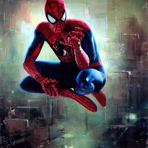 Prompt: portrait of an emotional spiderman sitting in a ball pit, by jeremy mann, peter elson.